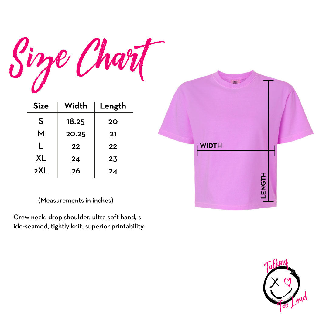 Womens graphic tshirts sizing chart for a crop top.