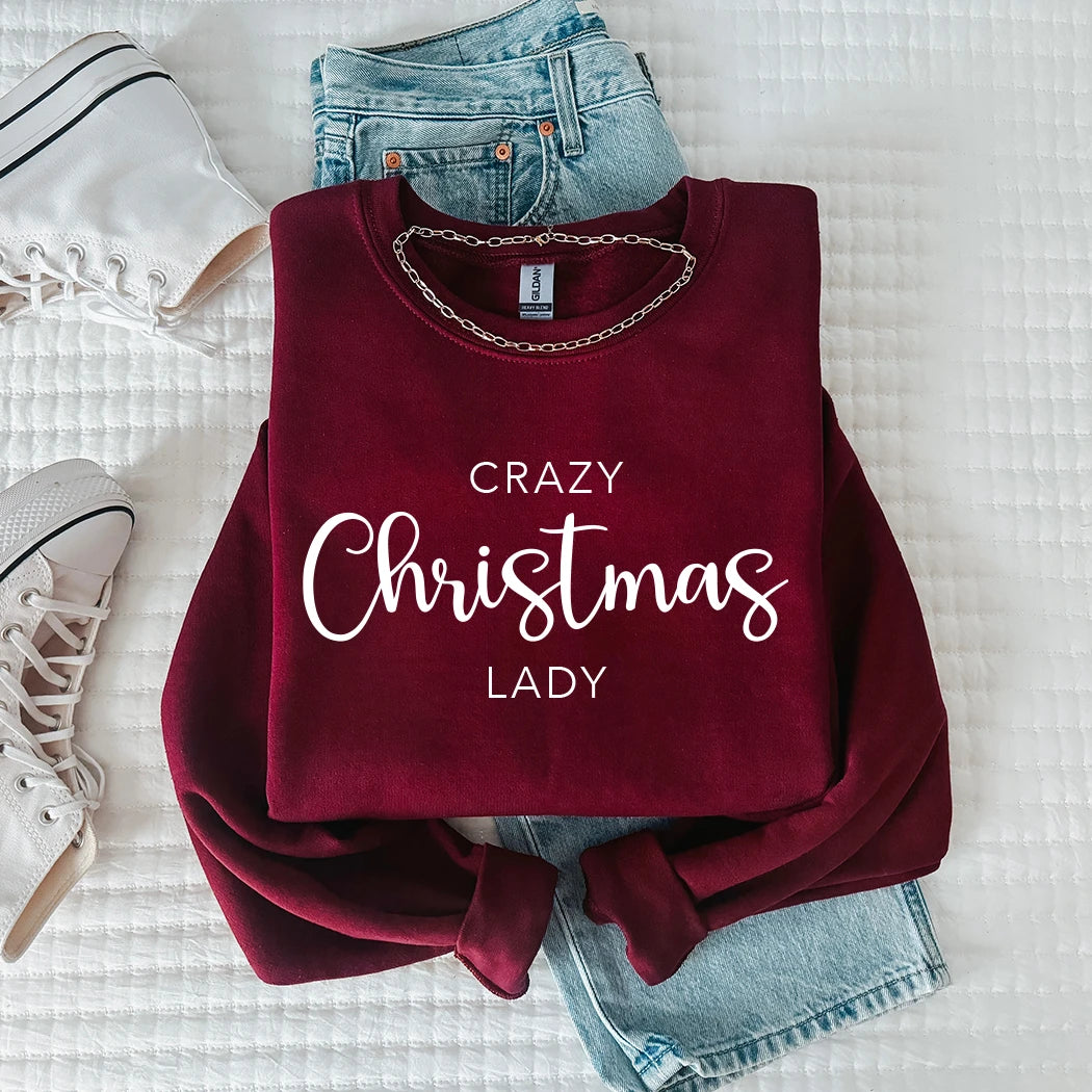 Maroon sweatshirt with 'Crazy Christmas Lady' text