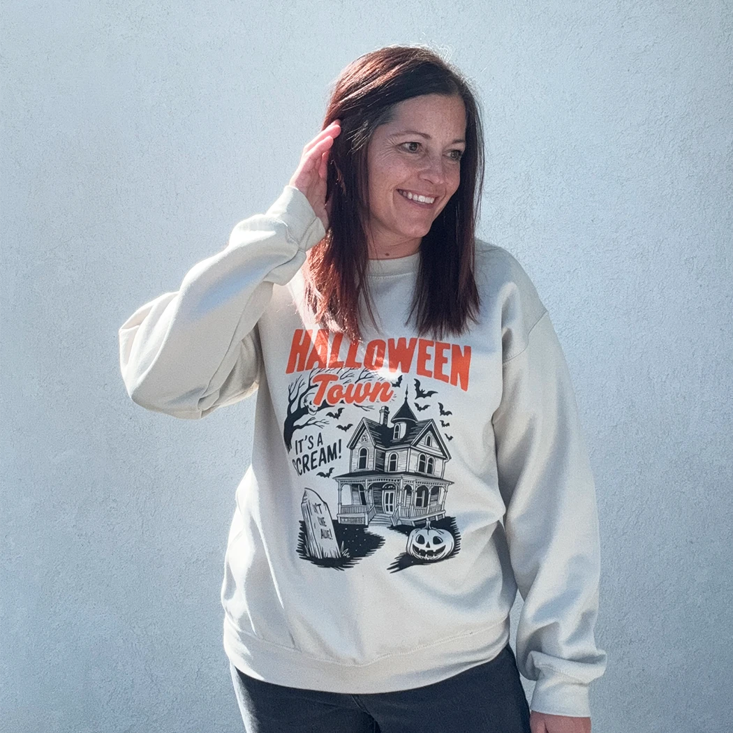 Halloween town graphic crewneck on tan