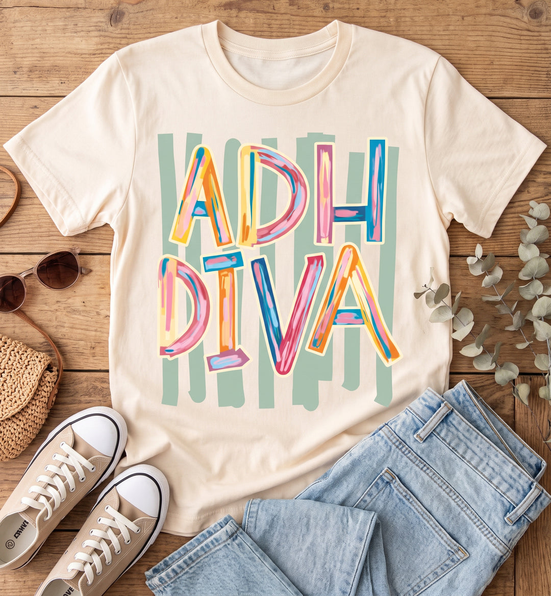 Cream graphic t-shirt featuring colorful painted brushstroke text reading "ADHD DIVA" set against vertical sage green stripes