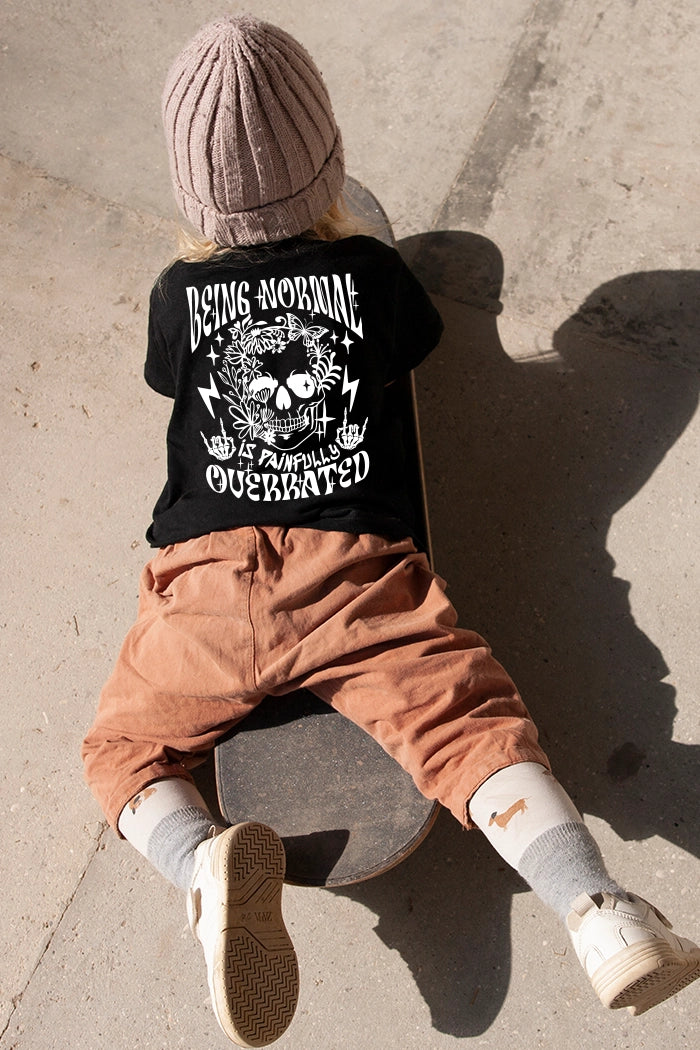 Being normal is painfully overrated Skelton with rock fingers, lighting stripes, flowers and butterflies, Black tee