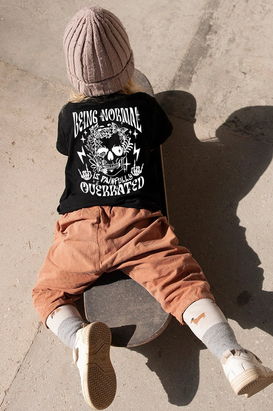 Being normal is painfully overrated Skelton with rock fingers, lighting stripes, flowers and butterflies, Black tee