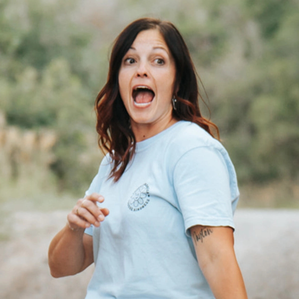 Remember choose kindness, see the good, you got this blue tshirt with black design with flowers, sunshine, and rainbow back for shirt with model wearing it