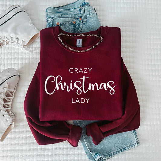 Maroon sweatshirt with 'Crazy Christmas Lady' text 