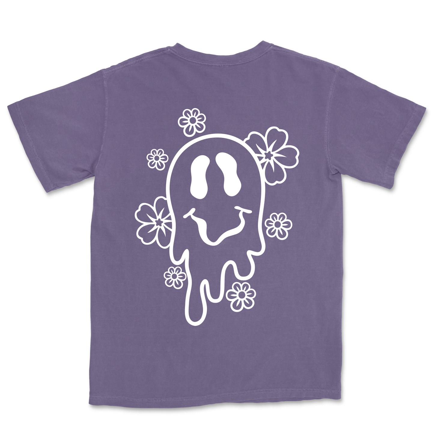 Purple shirt with white design. Droopy smiley face with flowers. 