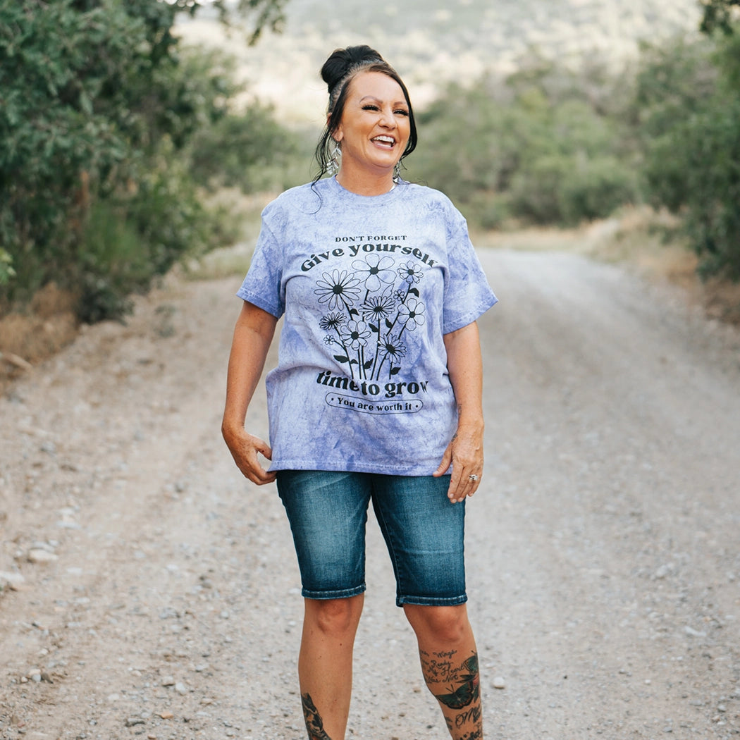 Don't forget give yourself time to grow. You are worth it. Positive message shirt. Black design on a tie dye styled shirt. Comfort colors.