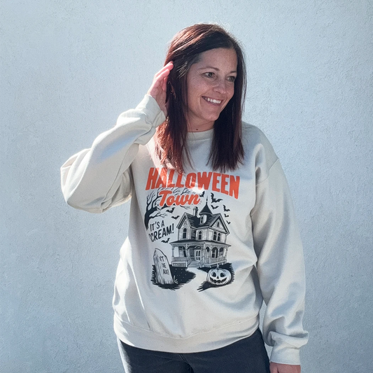 Halloween town graphic crewneck on tan 