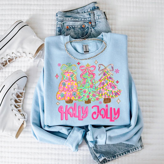 Light blue sweatshirt with colorful Christmas tree design and 'Holly Jolly' text