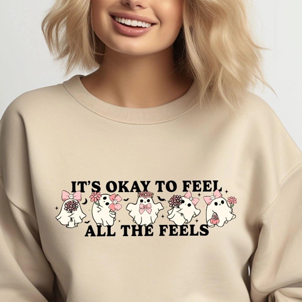 It's Okay To Feel All The Feels with Ghost Emotions. Tan Crewneck.