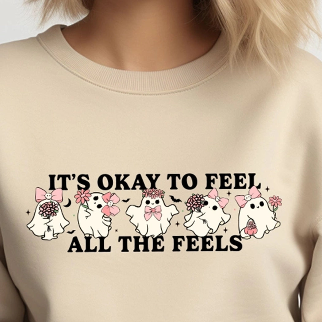 It's Okay To Feel All The Feels with Ghost Emotions. Tan Crewneck.