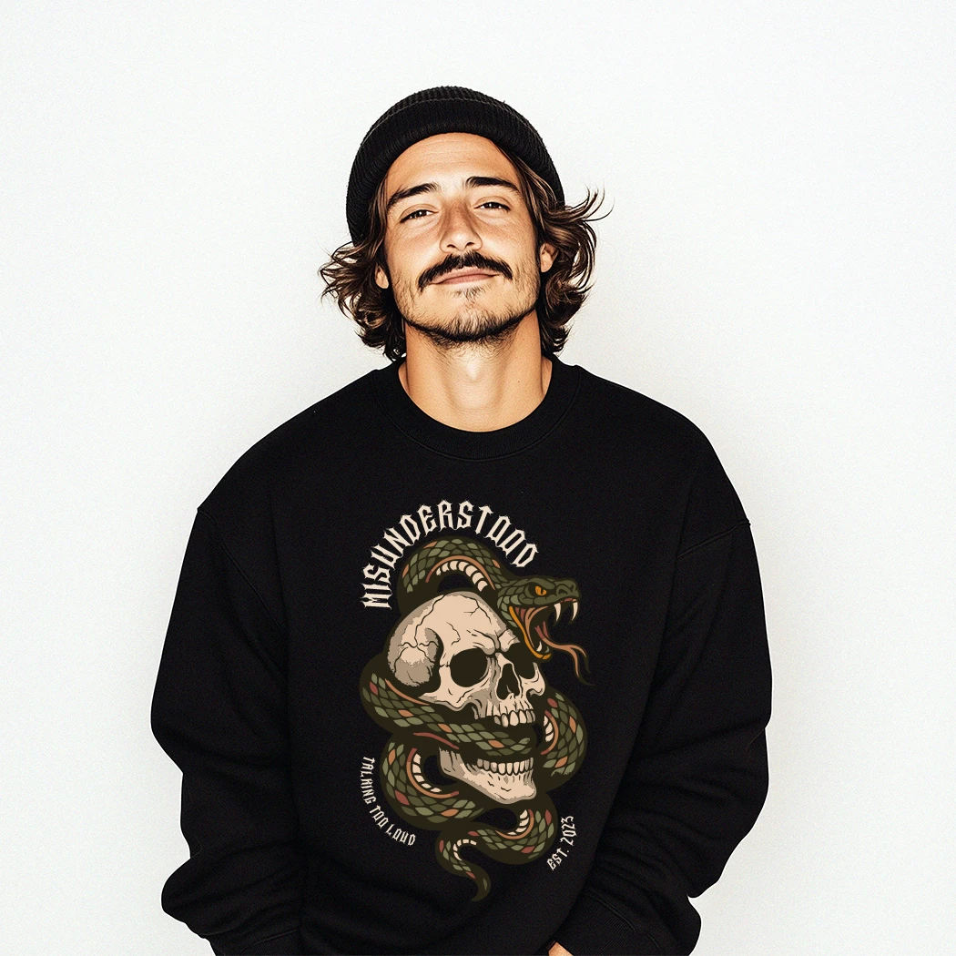 black sweatshirt with a snake and skull design that says misunderstood, talking too loud