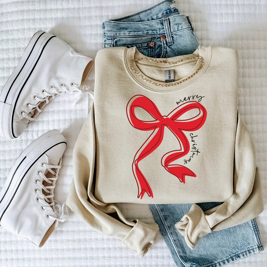 Beige sweatshirt with red bow design that says Merry christmas 