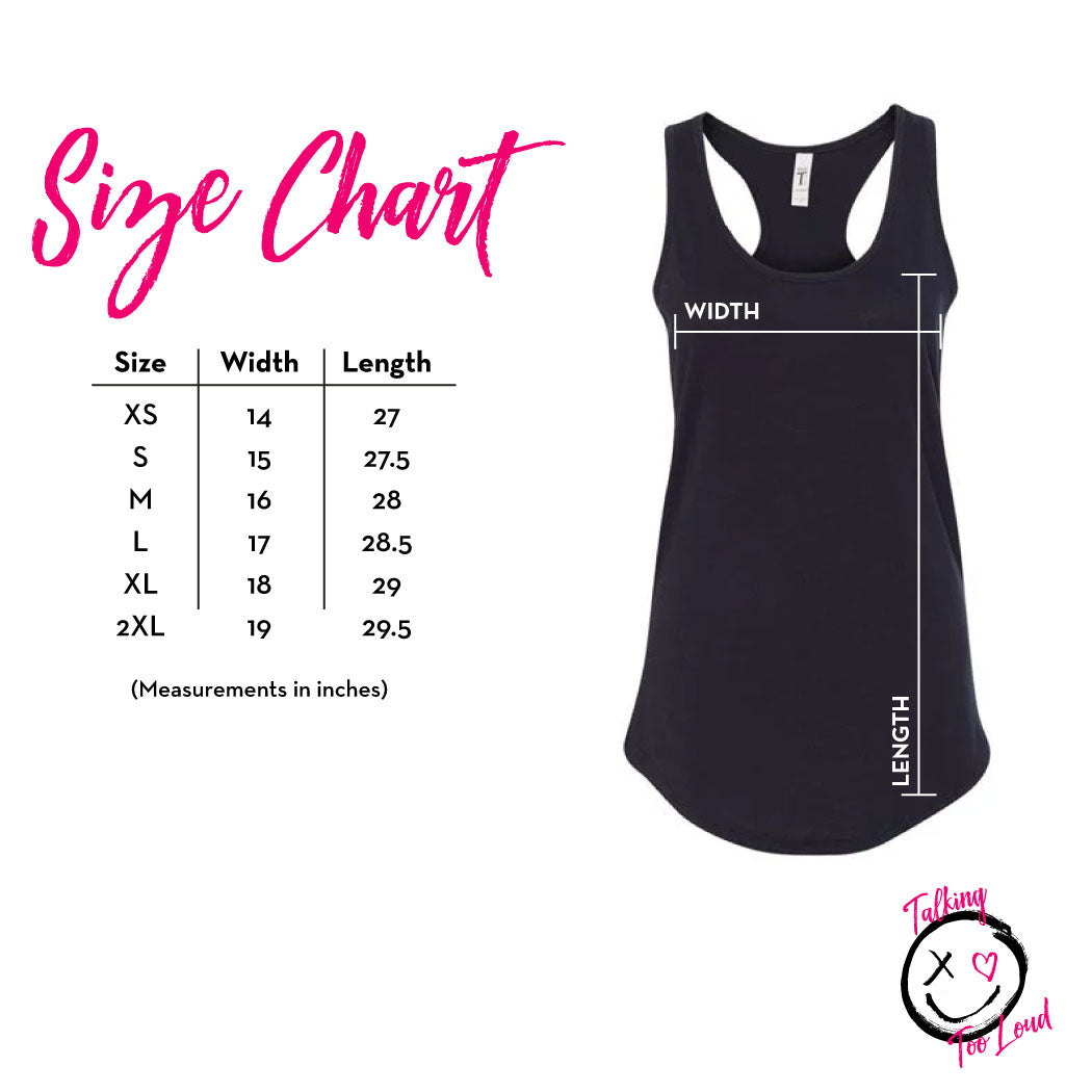 Graphic apparel sizing chart for tank top