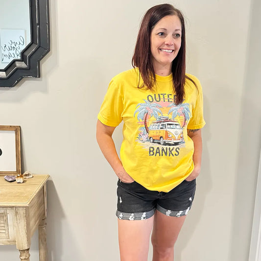 Yellow outer banks graphic apparel. 