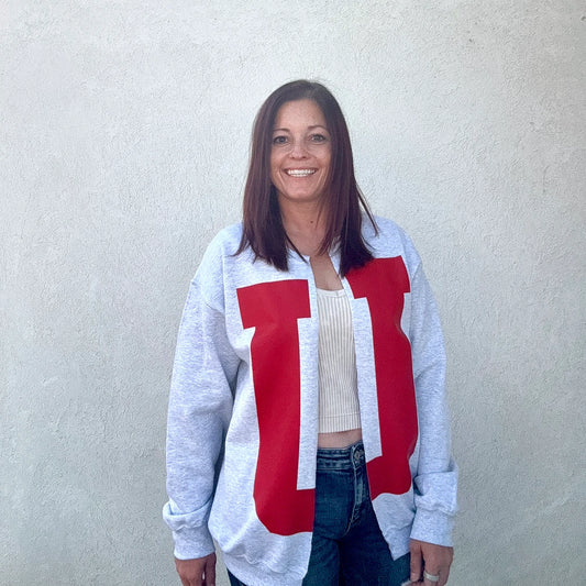 ash crewneck spilt or cut down the front with a big letter U for Utah 