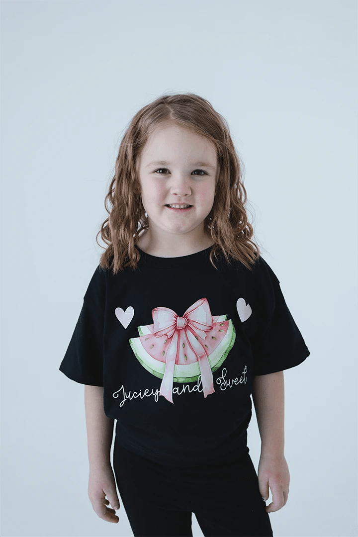 "Juicy and Sweet" Watermelon Bow Tee – Designed by a 4 - Year - Old! - Talking Too Loud Apparel