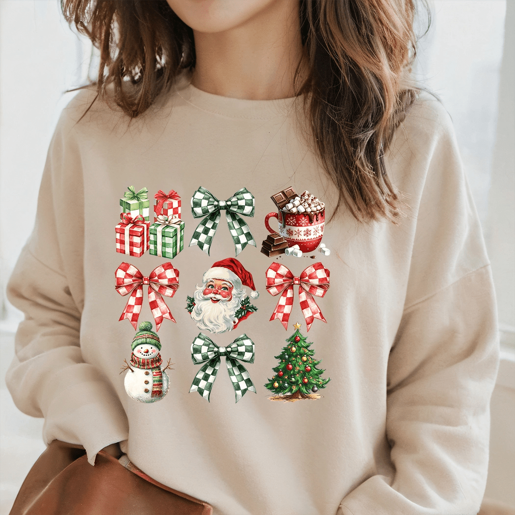 Retro Coquette Christmas Bow Tan Crewneck - Talking Too Loud Apparel