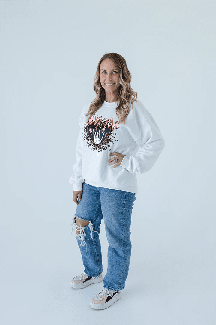 Rock On Love You Skeleton Hand Crewneck - Talking Too Loud Apparel